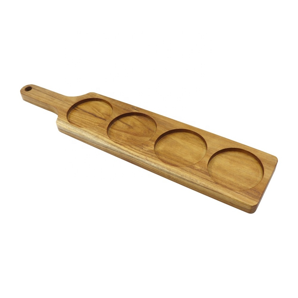 Acacia wood serving tray 4pcs ceramic dipping sauce bowls