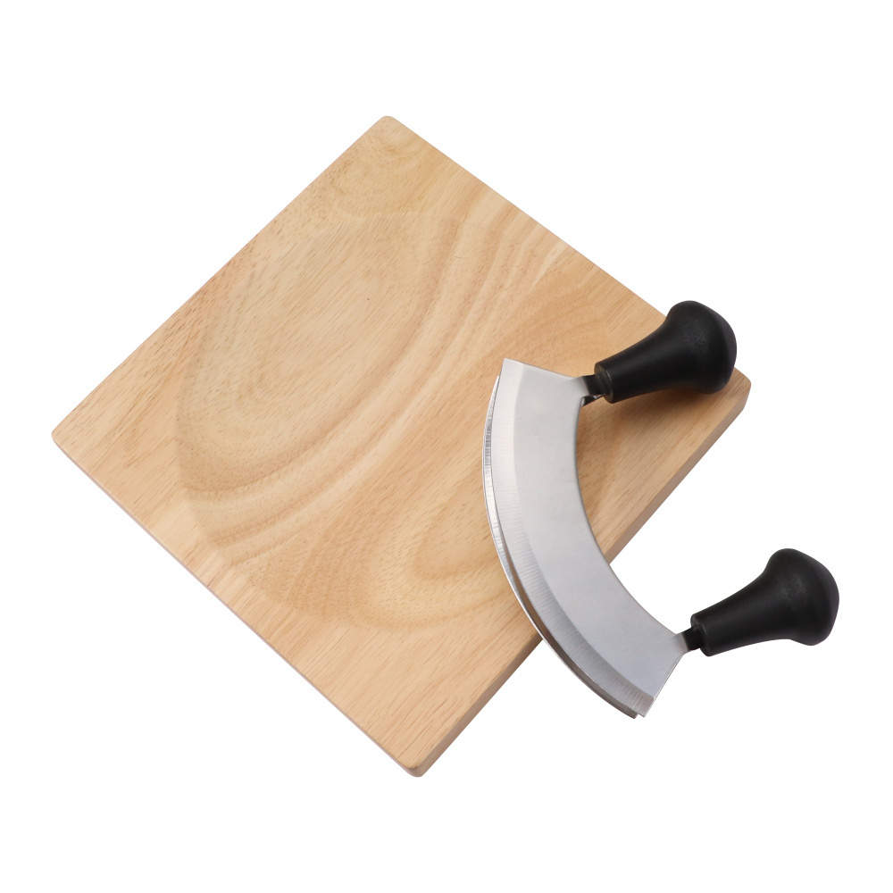 Hot selling stainless steel chopper anti slip handle sharp rocker pizza cutter mezzaluna knife with wood chopping board