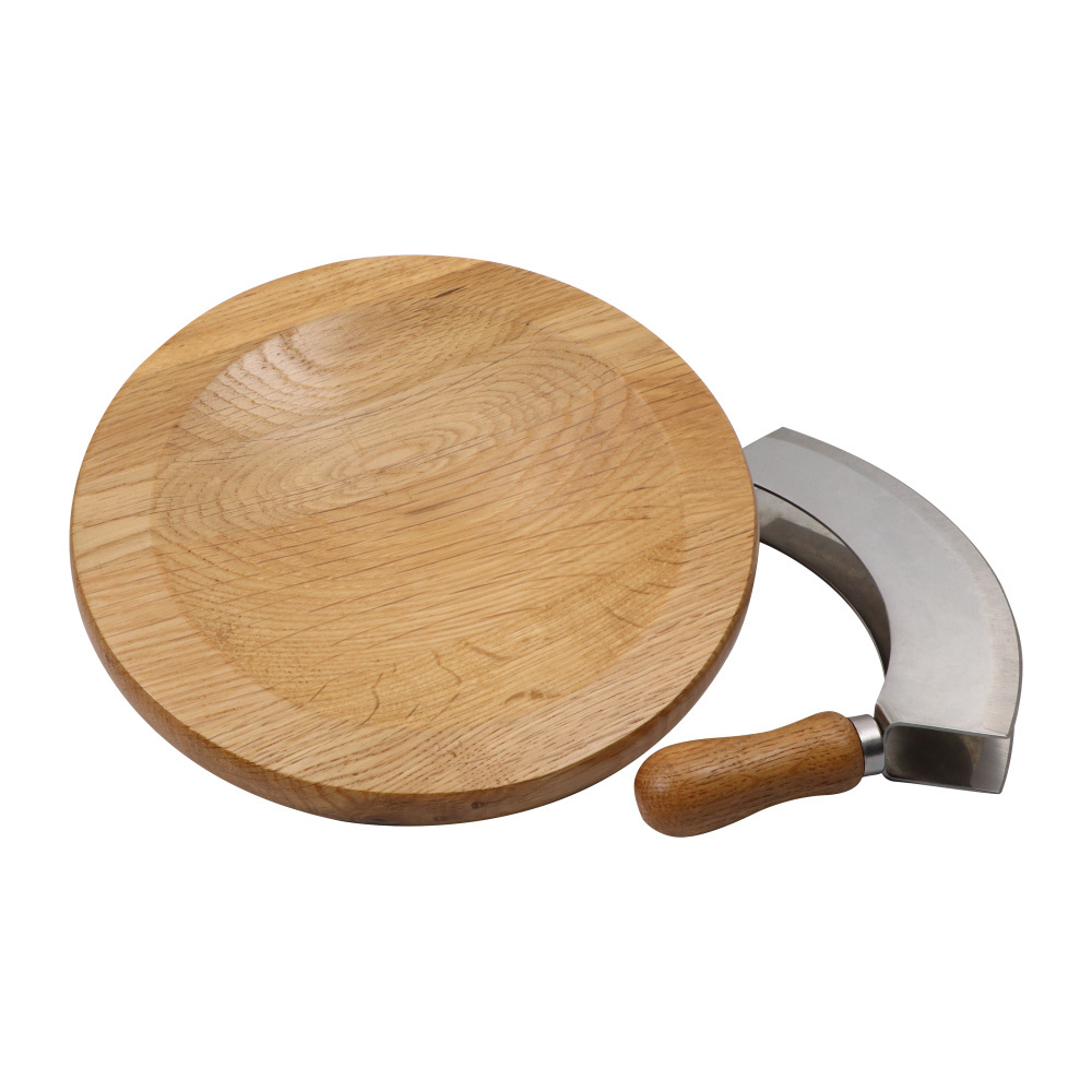 Oak Wood Cutting Board For Onion and Vegetable Wooden Chopping Block Serving Tray with Stainless Steel Double Mezzaluna Knife