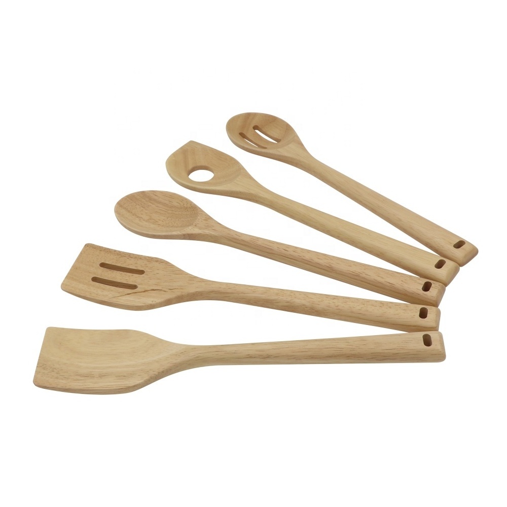 Rubber wood kitchen utensils set 5 piece non-stick wooden utensils for cooking