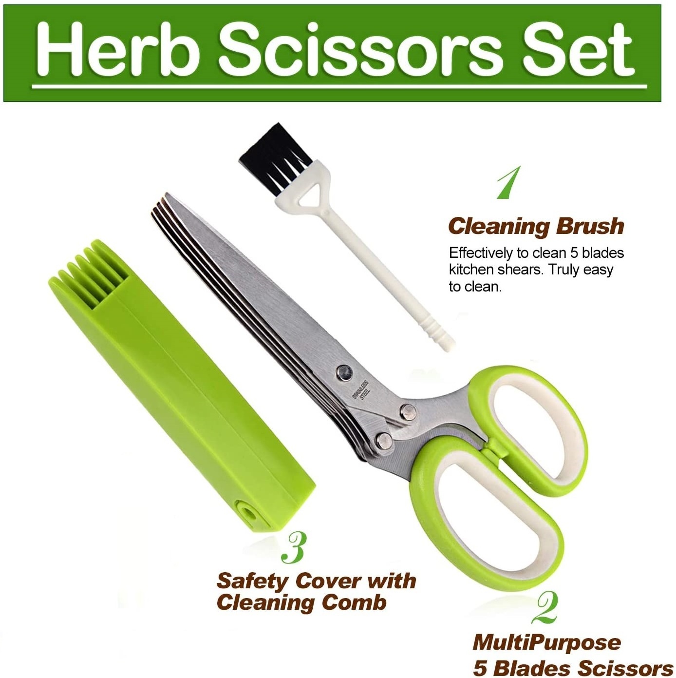 In stock 5 Layer Shredder Cutting Vegetable Salad Stainless Steel Shears Multipurpose 5 Blades herb Scissors set with stripper