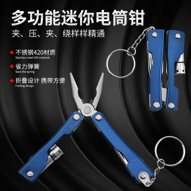 Popular  folding Multi Tool Multifunction Pliers knife Tools with flashlight  Aluminum alloyed+Rubber grip handle