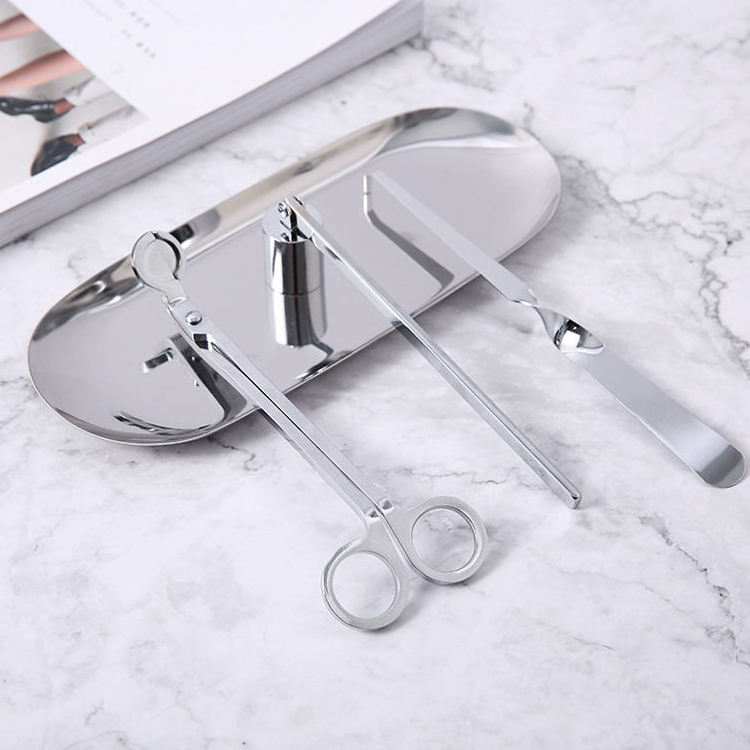 Wholesale 3PCS Stainless Steel Candle Accessories Dipper Snuffer Candle Wick Trimmer Candle Scissors Hook Tool Set With Tray