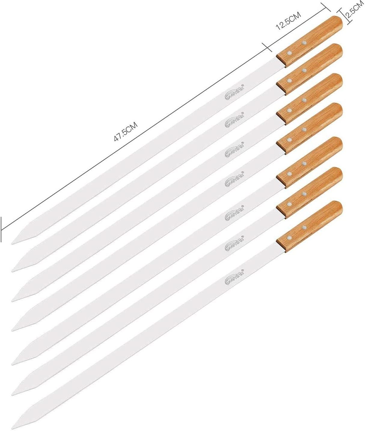 Custom 23 Inch Stainless Steel Barbecue Skewers with Wood Handle  Kabob Skewers Flat Grilling Sticks Set of 7 with Bag