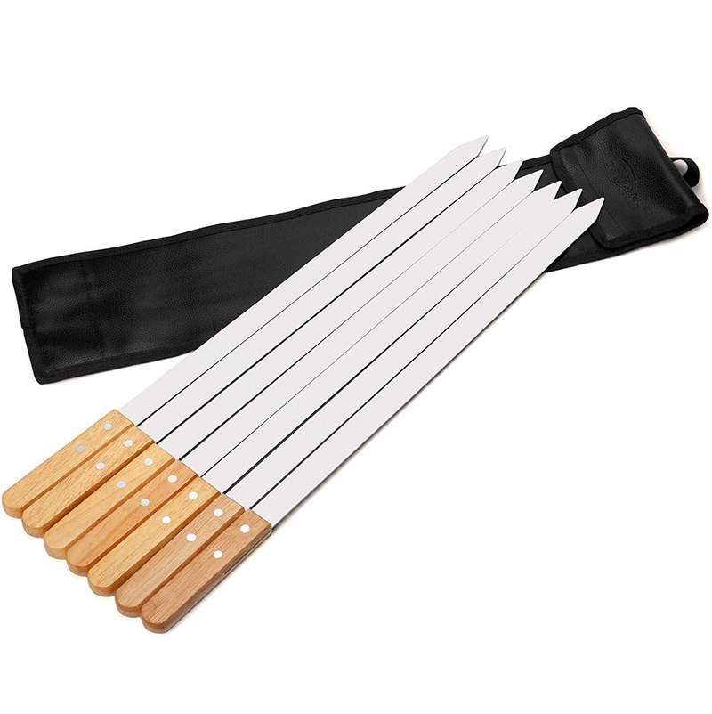 Custom 23 Inch Stainless Steel Barbecue Skewers with Wood Handle  Kabob Skewers Flat Grilling Sticks Set of 7 with Bag