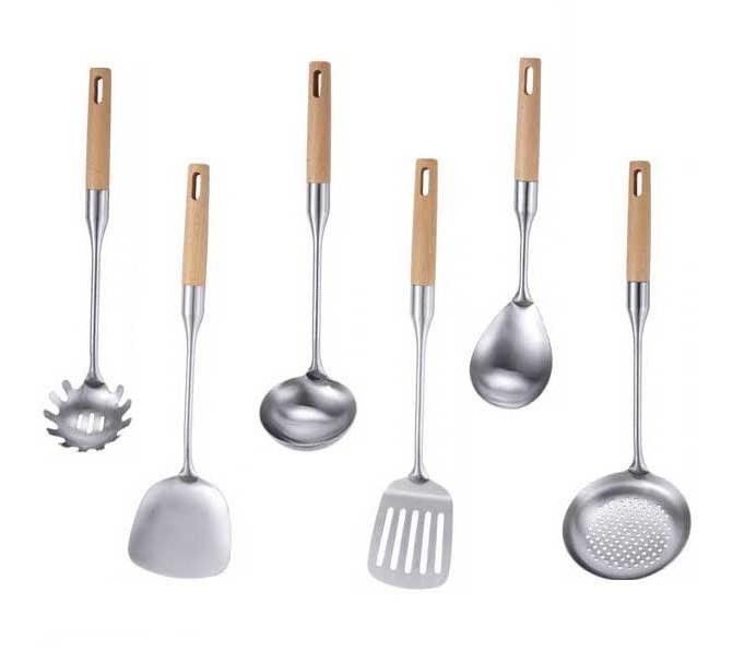 Stainless Steel Cook Soup Ladle Spoon Spatula Set 6pcs Kitchen Tools Set Cooking Utensils With Wooden handle