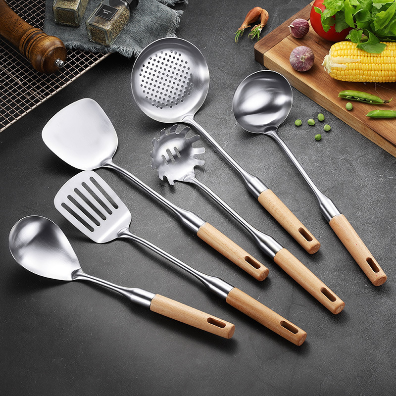 Stainless Steel Cook Soup Ladle Spoon Spatula Set 6pcs Kitchen Tools Set Cooking Utensils With Wooden handle