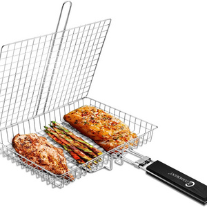 Outdoor High Quality Grilling Basket BBQ Barbecue Grill Basket with Portable Removable Handle