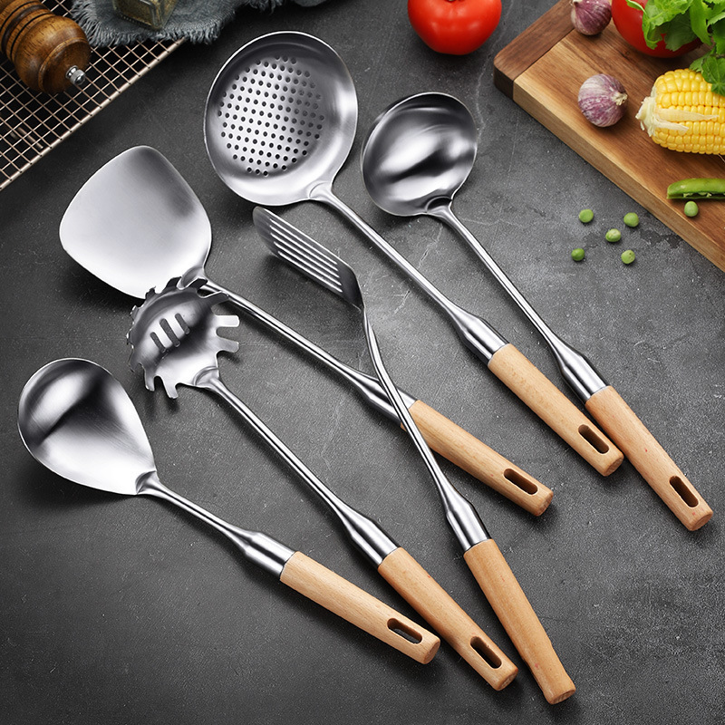 Stainless Steel Cook Soup Ladle Spoon Spatula Set 6pcs Kitchen Tools Set Cooking Utensils With Wooden handle