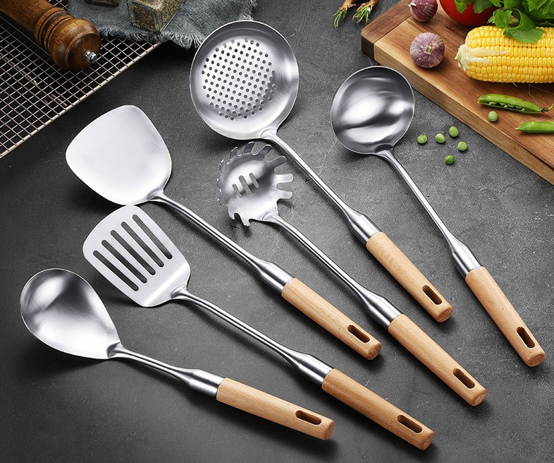 Stainless Steel Cook Soup Ladle Spoon Spatula Set 6pcs Kitchen Tools Set Cooking Utensils With Wooden handle