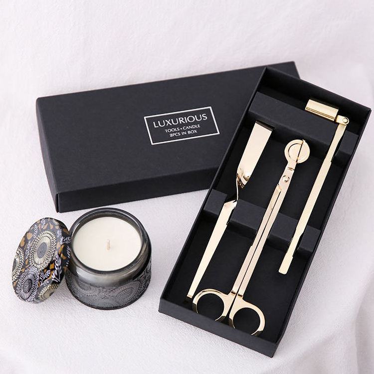 Wholesale 3PCS Stainless Steel Candle Accessories Dipper Snuffer Candle Wick Trimmer Candle Scissors Hook Tool Set With Tray