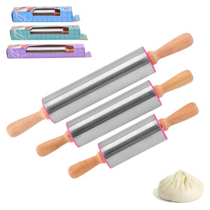 New product stainless steel  rolling pin with wooden handle for baking