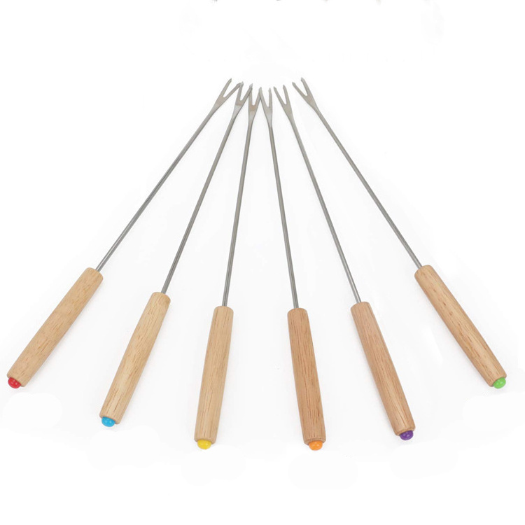 Set of 6 Stainless Steel Fondue Forks with Wooden Handle