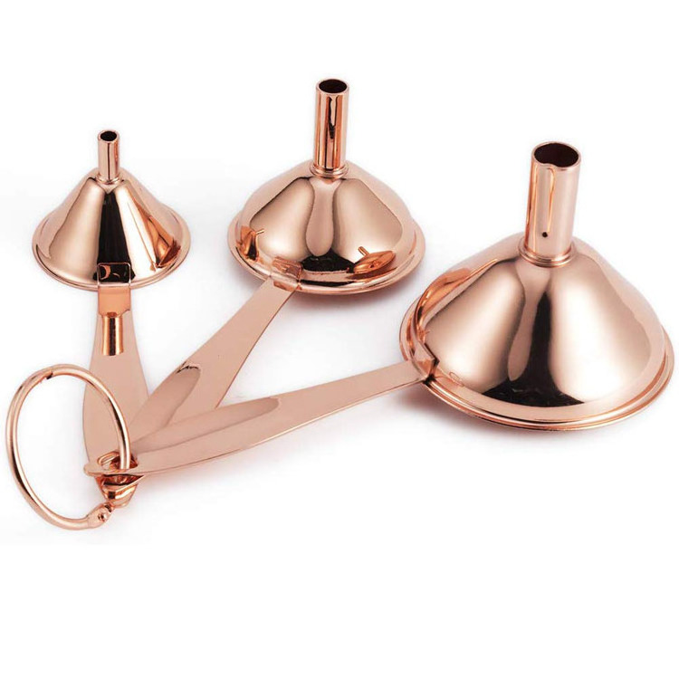 Best Seller Wholesale Kitchen Rose Gold Stainless Steel Set of 3 Small Filling Funnel with Long Handle