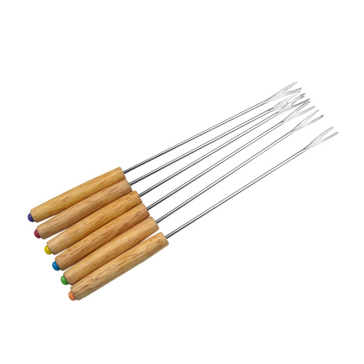 Set of 6 Stainless Steel Fondue Forks with Wooden Handle