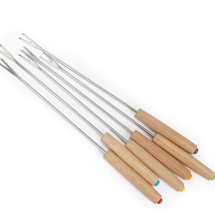 Set of 6 Stainless Steel Fondue Forks with Wooden Handle