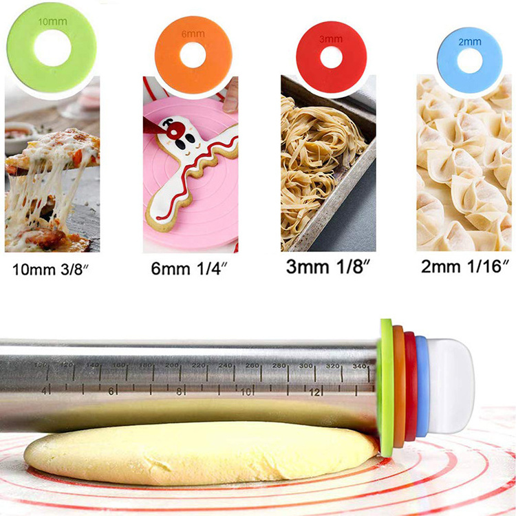 Smooth Non Stick Stainless Steel Roller, 4 Removable Adjustable Thickness Rings Rolling Pins for Baking Dough, Pizza, Pie