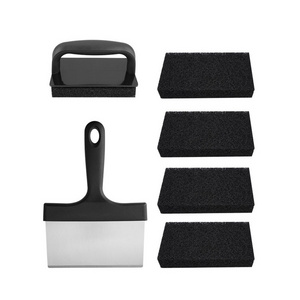 5 Pieces Premium Griddle Cleaning Kit Food Scraper Combined with 4 Abrasive Anti-Grease Scouring Pads