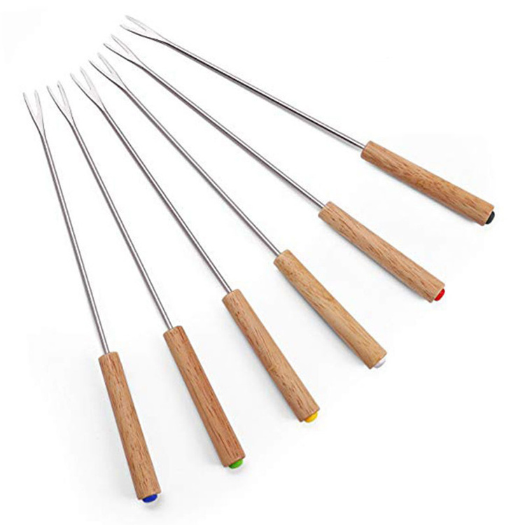 Set of 6 Stainless Steel Fondue Forks with Wooden Handle