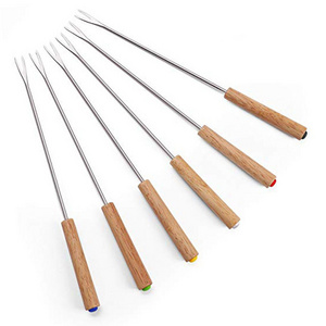 Set of 6 Stainless Steel Fondue Forks with Wooden Handle