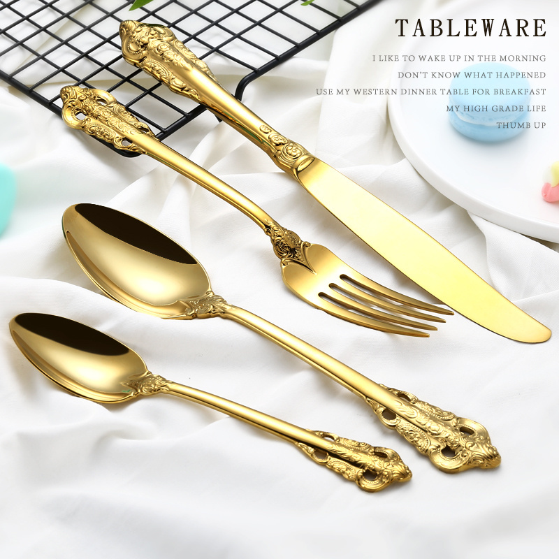 Palace Luxury Gold Stainless Steel Cutlery for Wedding Handle Carved Gold Flatware Set