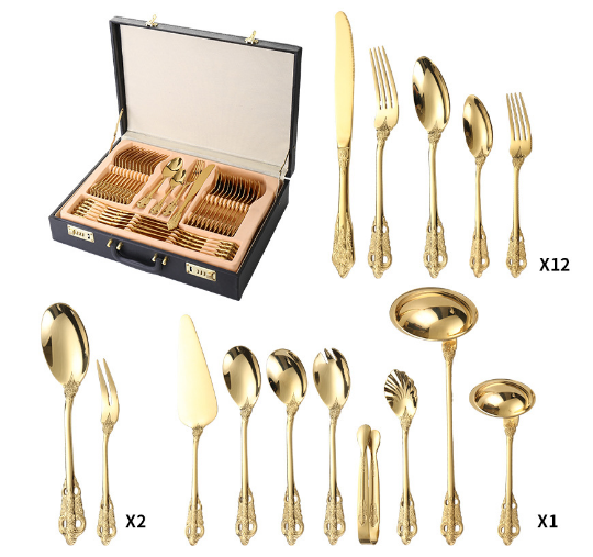 12 People Service Palace Style Flatware Sets Coloured Gold Cutlery Stainless Steel 72pcs Cutlery Set with Gift Box