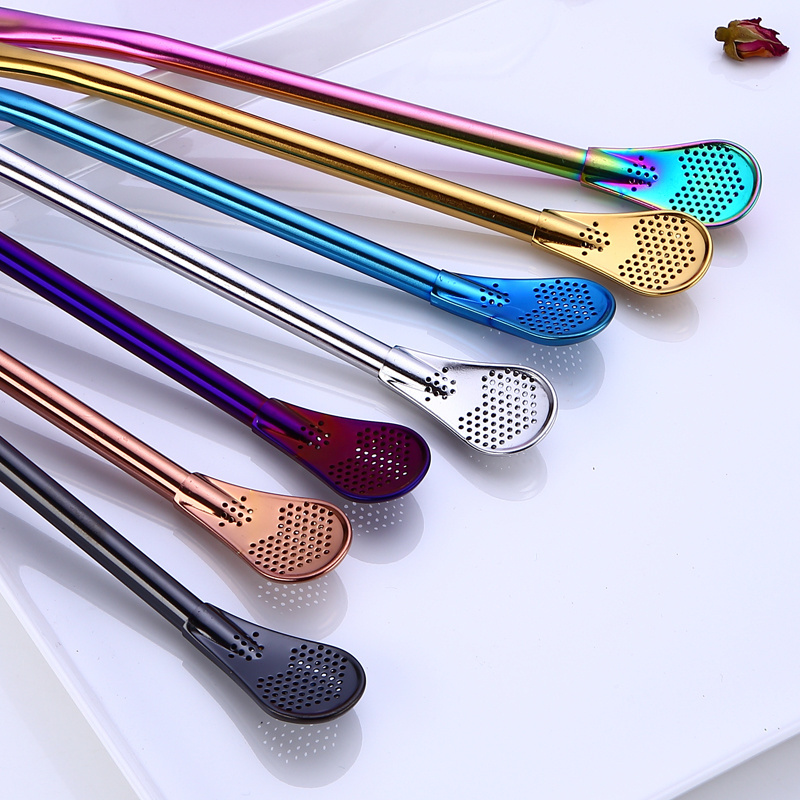 Custom Logo 304 Stainless Steel Metal Filter Straw Spoon Yerba Tea Mate Bombilla Spoon Straw