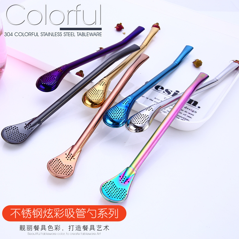 Custom Logo 304 Stainless Steel Metal Filter Straw Spoon Yerba Tea Mate Bombilla Spoon Straw