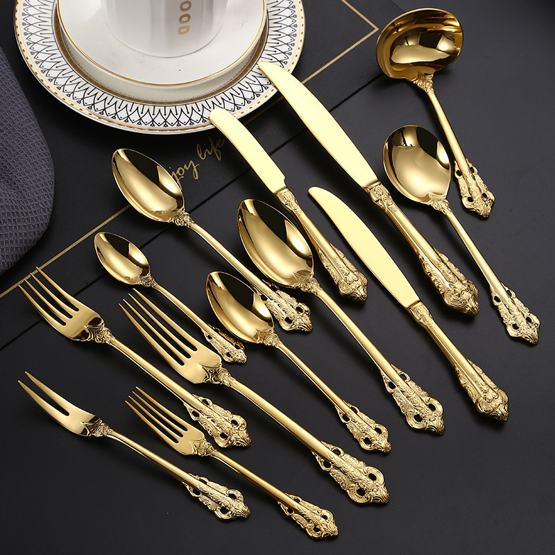 12 People Service Palace Style Flatware Sets Coloured Gold Cutlery Stainless Steel 72pcs Cutlery Set with Gift Box