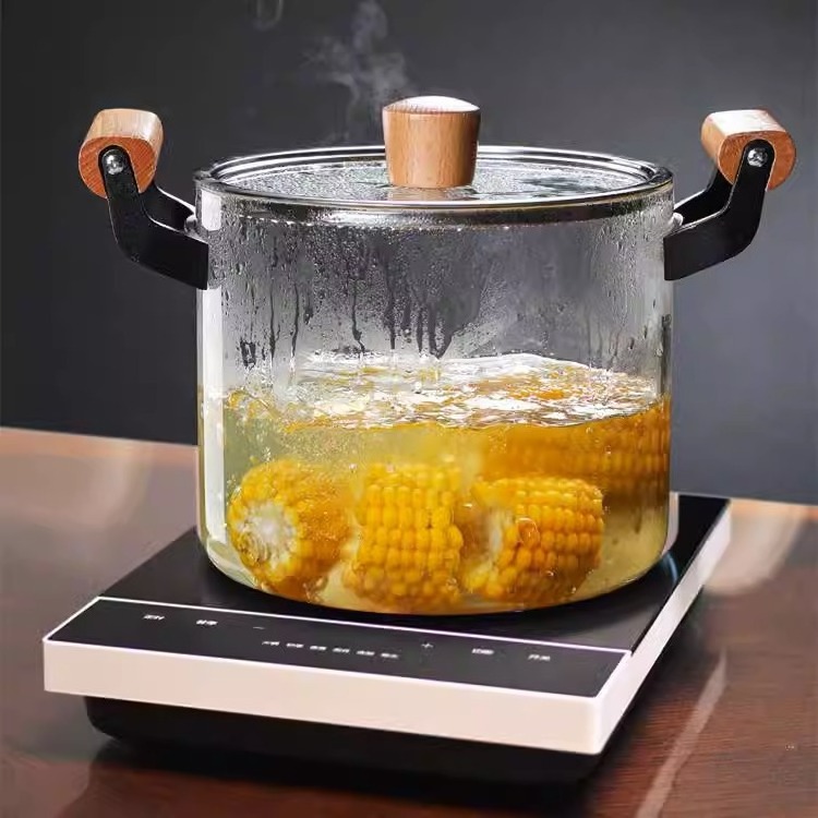 Thickening Borosilicate Glass Stovetop Cooking Pot Glass Saucepan Casserole with Wooden Handle