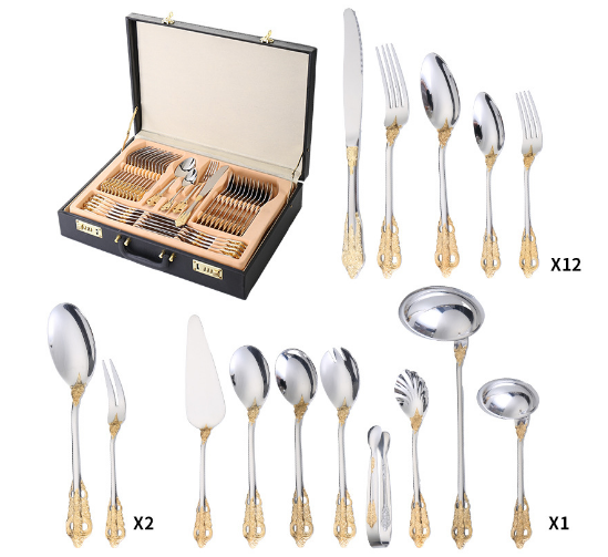 12 People Service Palace Style Flatware Sets Coloured Gold Cutlery Stainless Steel 72pcs Cutlery Set with Gift Box