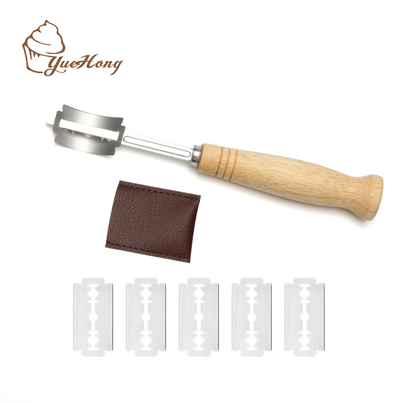 Bread Lame Wood Tool with 5 Razor Blades and Leather Protective Cover, Bakers Scoring Knife