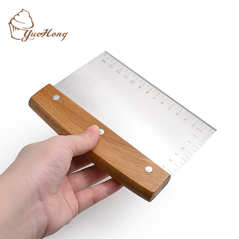 Chef Baking Kitchen Stainless Steel Food Cake Cutter Dough Knife wood handle Bread Pastry Pizza Scraper With Measuring Scale