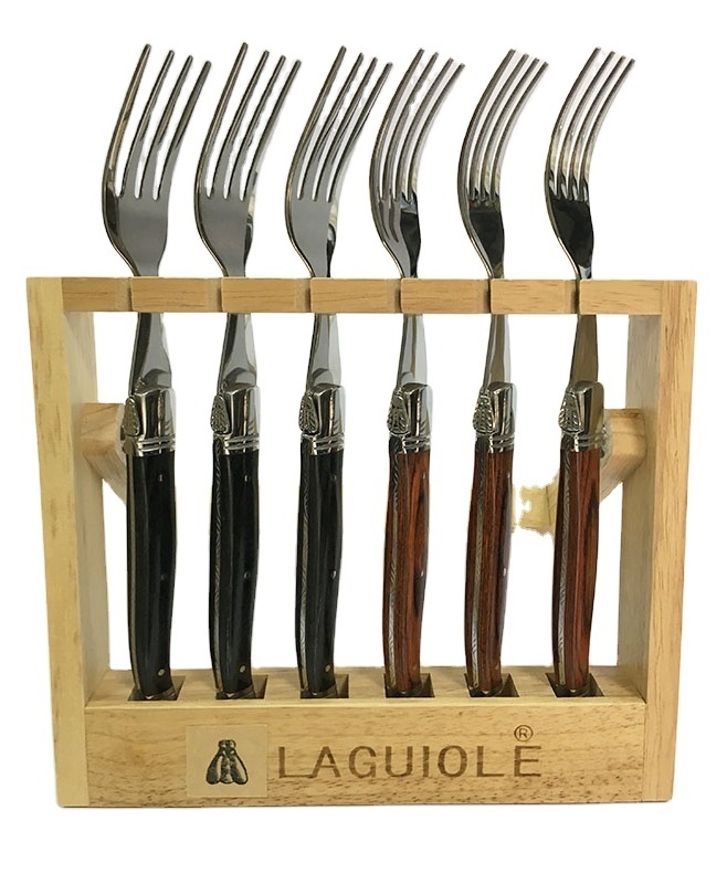 Professional hot sales france laguiole pakka wood handle stainless steel 6pcs cutlery fork set for dinner