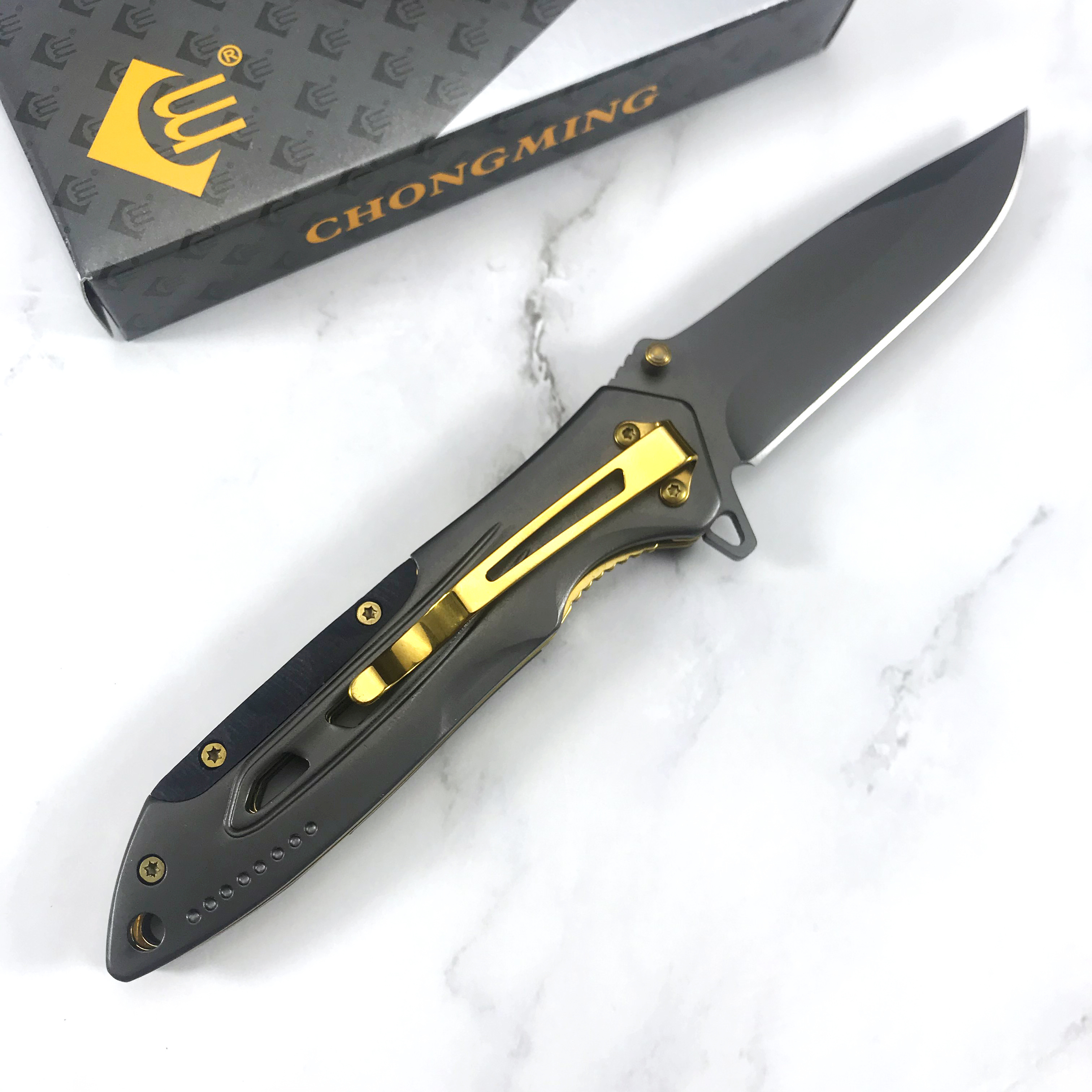 High Quality Stainless Steel Folding Camping Survival Knife With Gold-Plated Screw Handle Chong Ming knife