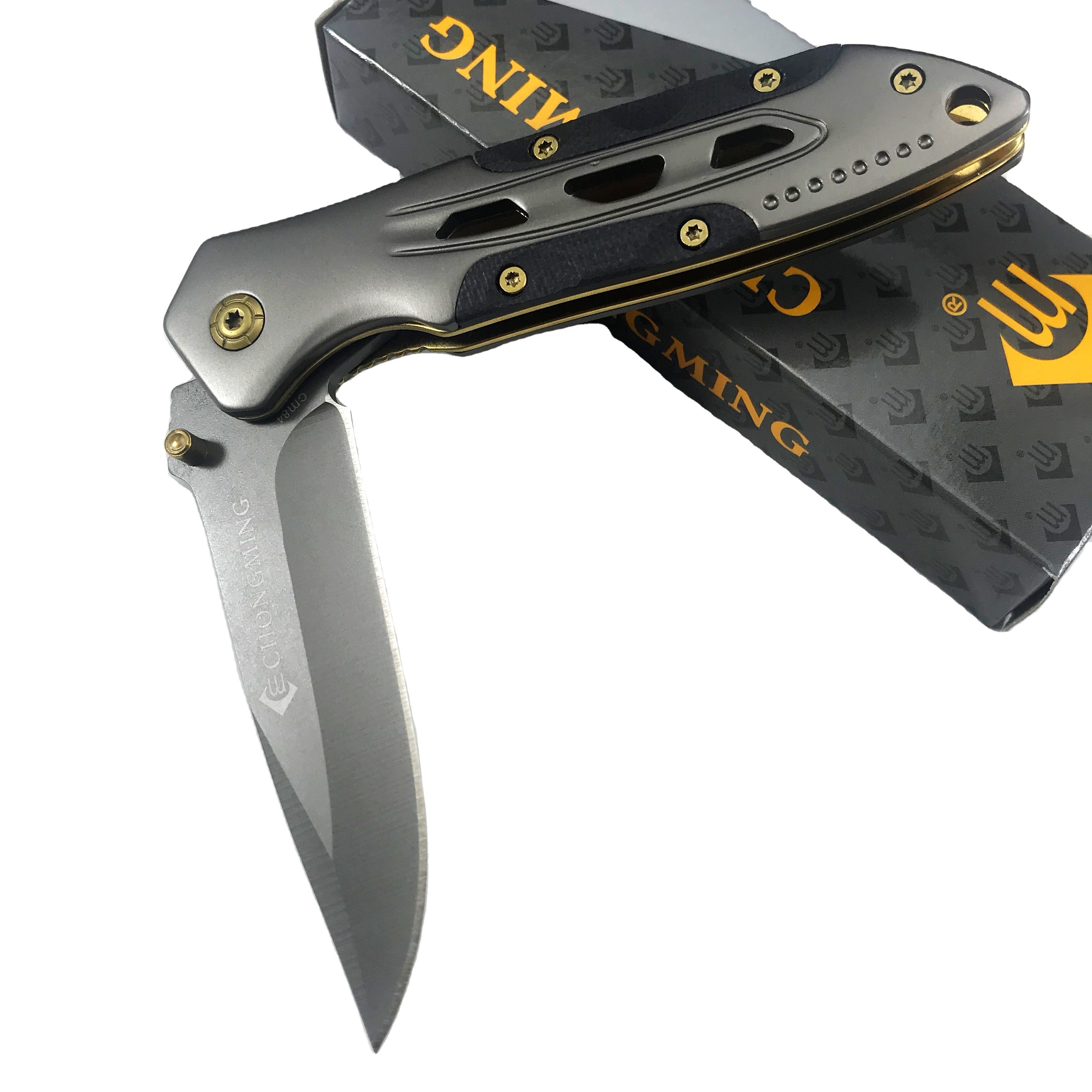 High Quality Stainless Steel Folding Camping Survival Knife With Gold-Plated Screw Handle Chong Ming knife