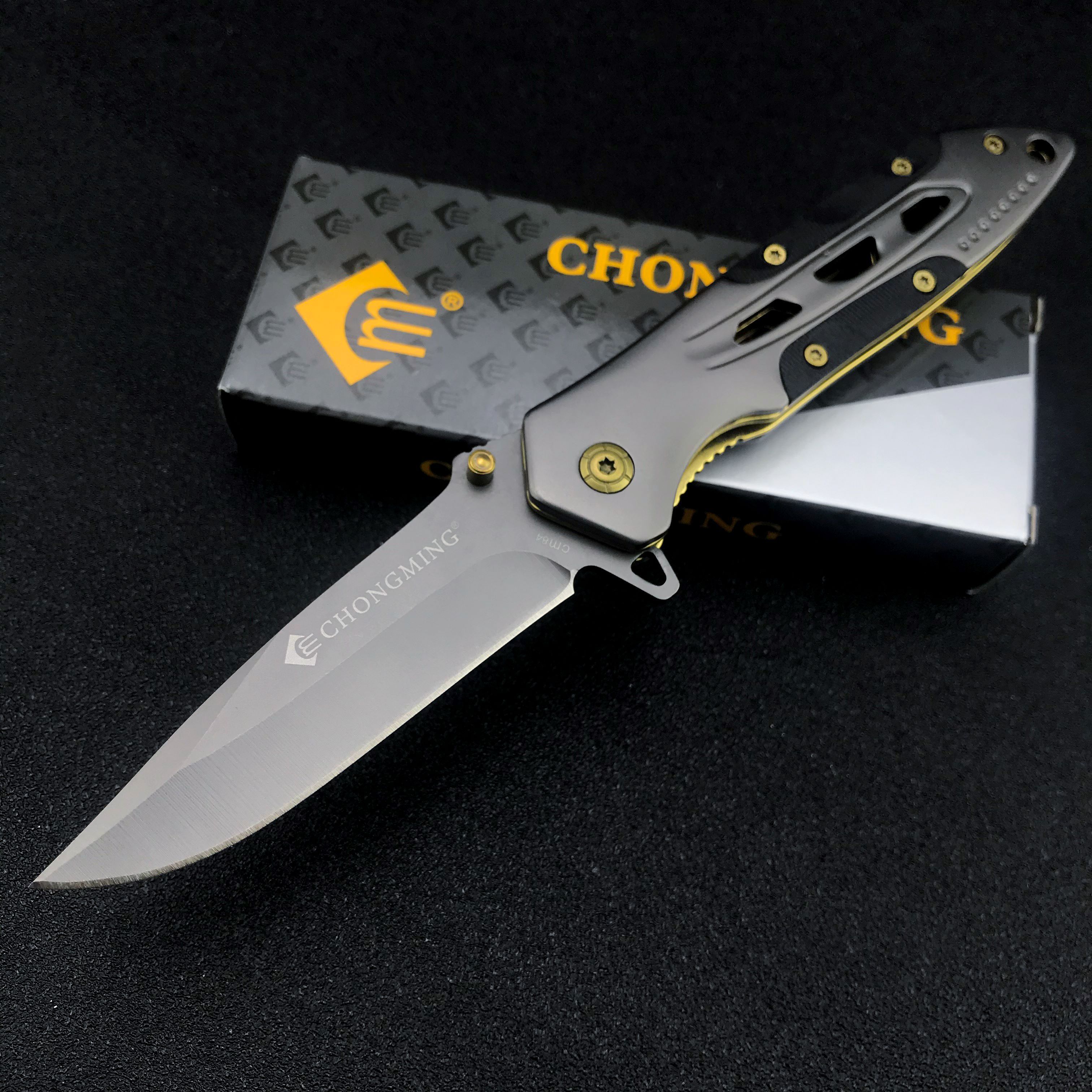 High Quality Stainless Steel Folding Camping Survival Knife With Gold-Plated Screw Handle Chong Ming knife