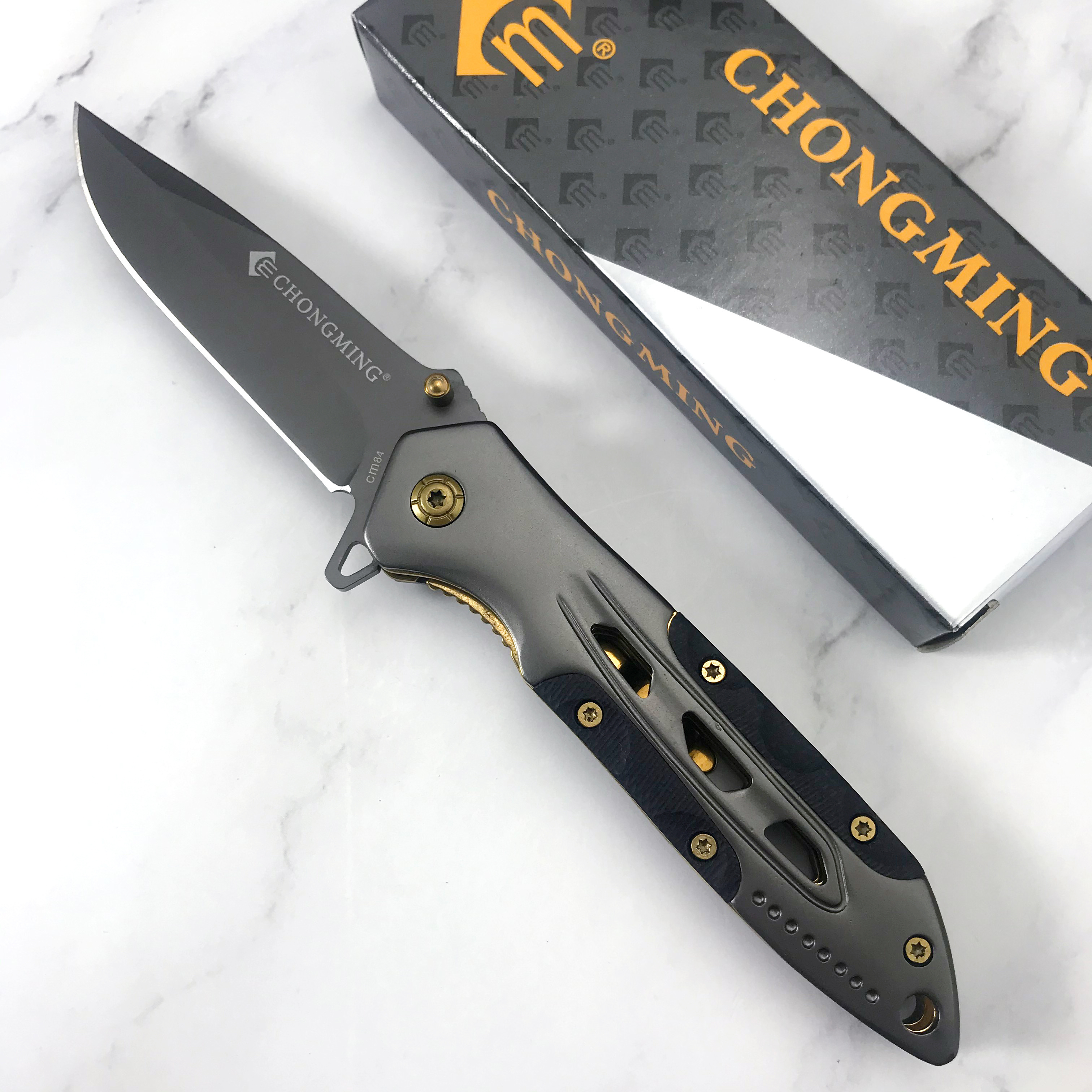 High Quality Stainless Steel Folding Camping Survival Knife With Gold-Plated Screw Handle Chong Ming knife