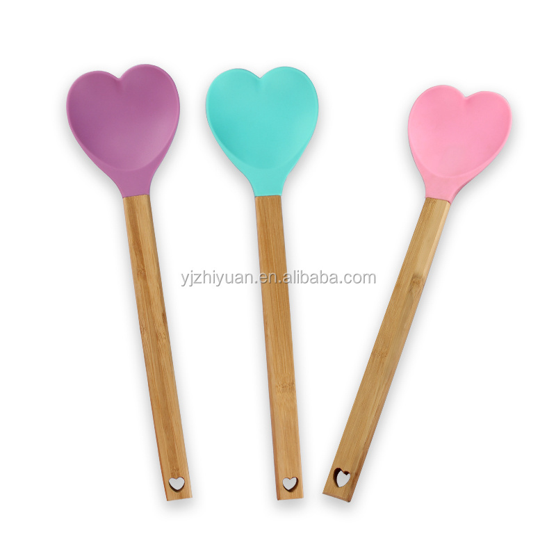 Heart shape colored bamboo handle silicone spatula for baking and kitchen