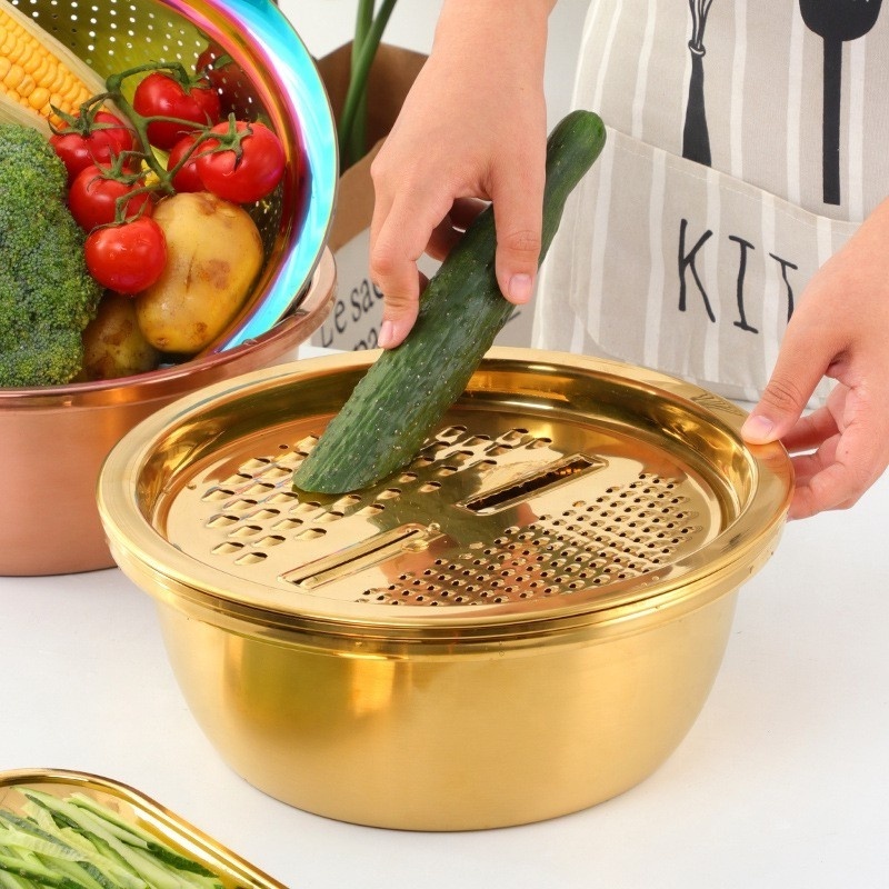 Kitchen Tool Stainless Steel Colored Fruit Vegetable Basket Colander Draining Basket with Cutter Slicer Grater