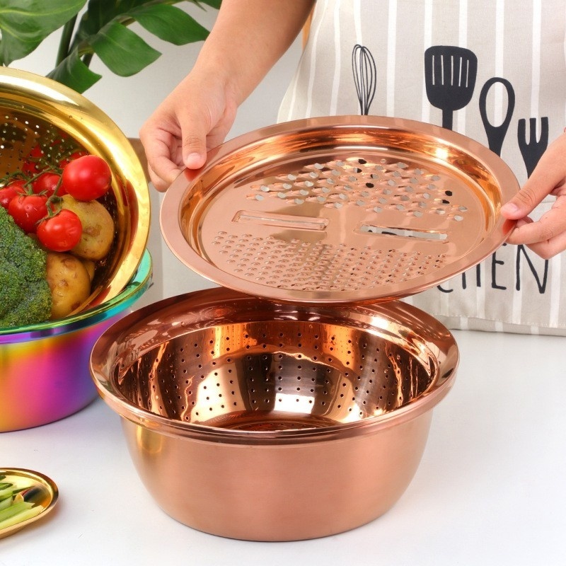 Kitchen Tool Stainless Steel Colored Fruit Vegetable Basket Colander Draining Basket with Cutter Slicer Grater