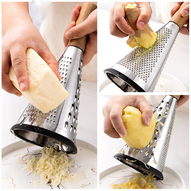 Kitchen Stainless Steel 3 Side Fruit Triple Nutmeg Zester Cheese Cutter Shredder Chocolates Box Grater With Wood Handle