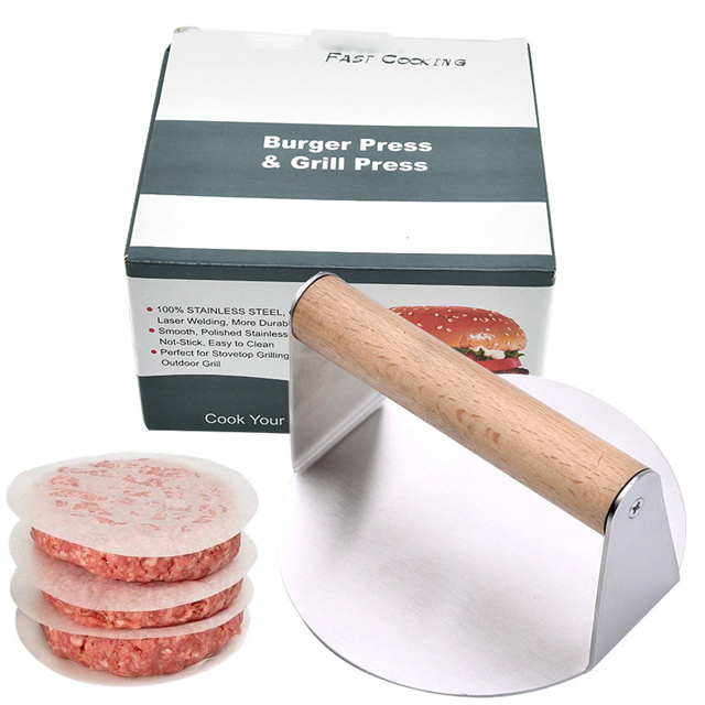 BBQ Barbecue Grill Cooking Stainless Steel Round Patty Papers Maker Mold Smash Steak Hamburger Burger Press With Wooden Handle