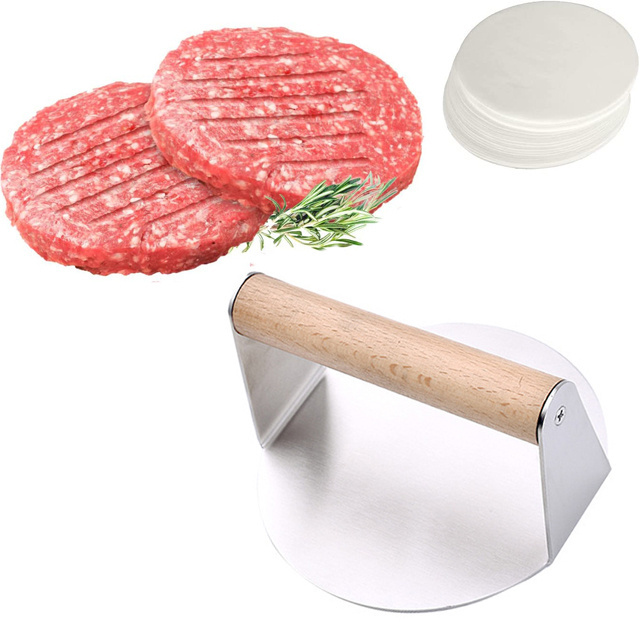 BBQ Barbecue Grill Cooking Stainless Steel Round Patty Papers Maker Mold Smash Steak Hamburger Burger Press With Wooden Handle