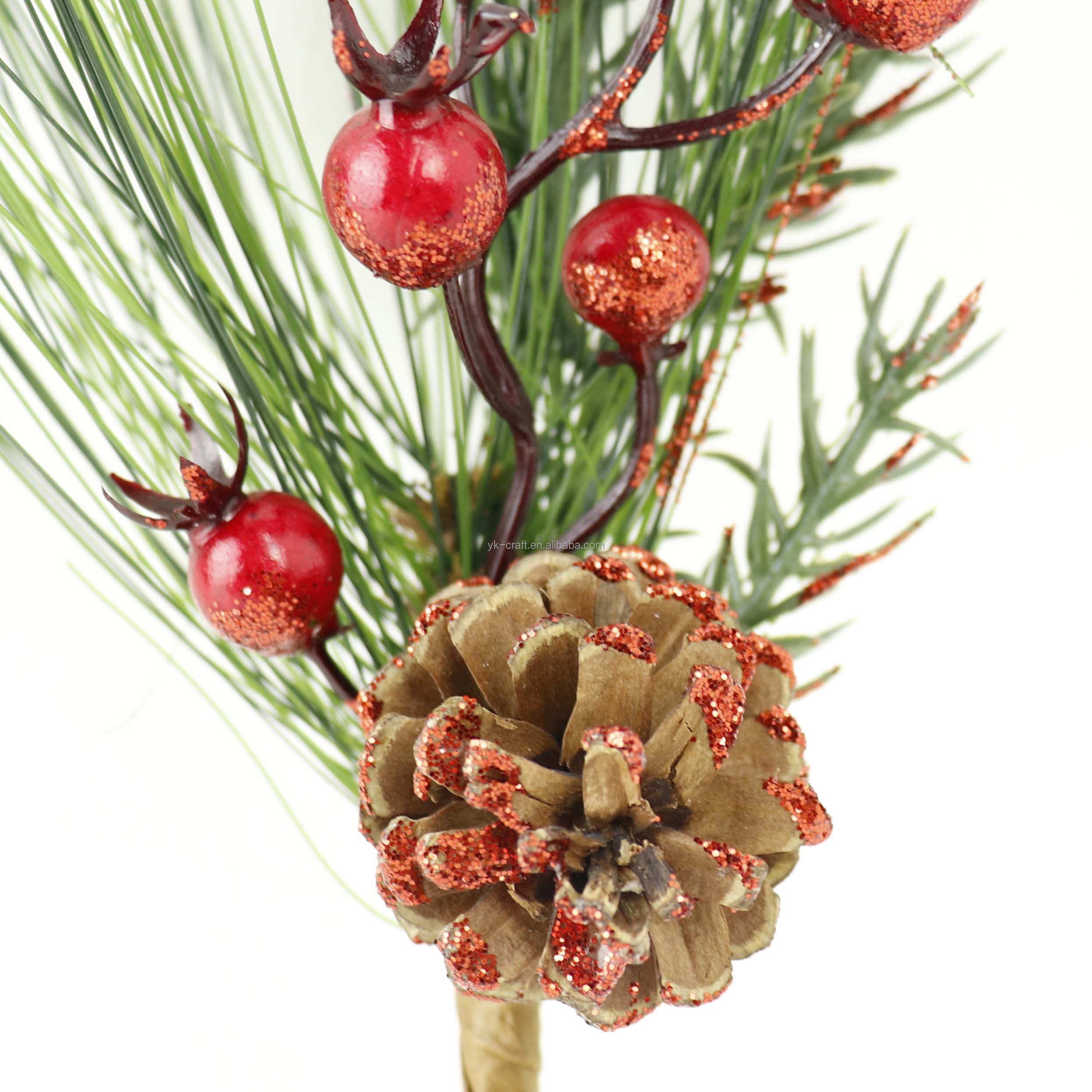 Christmas Natural Pine Cone Branch Red Berry Pine Needle Pick Spray Glitter Artificial Floral Branch Pick Decoration