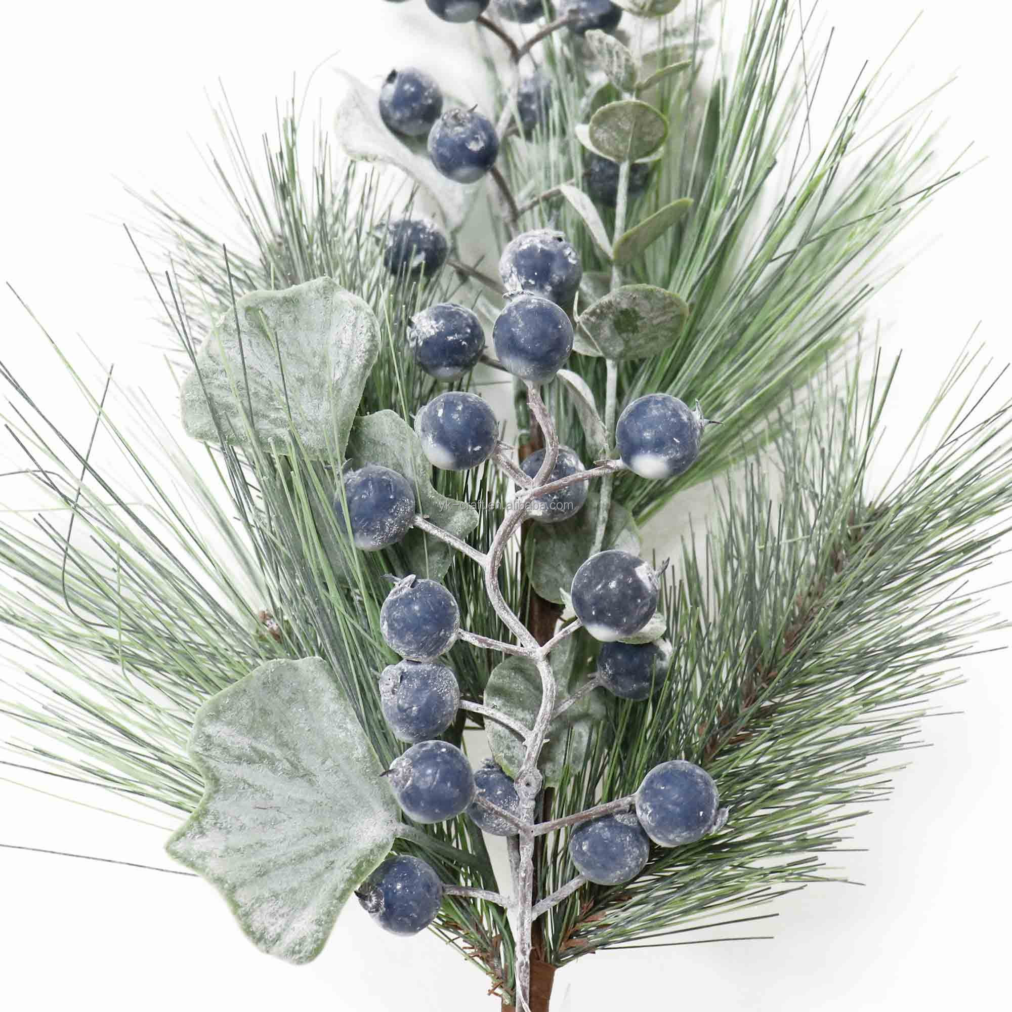 Wholesale Christmas Blue Red White Berry Branches Artificial Floral Green Leaves Pick Pine Needle Xmas Tree Decor Pick