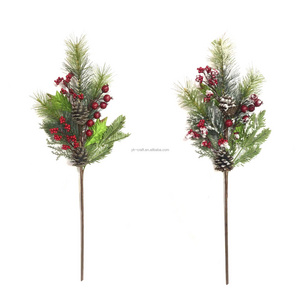 Hot selling Handmade Christmas Pinecone Branch Artificial Pine Needle Greenery Leaf Pick Plastic Floral Red Berry Branches