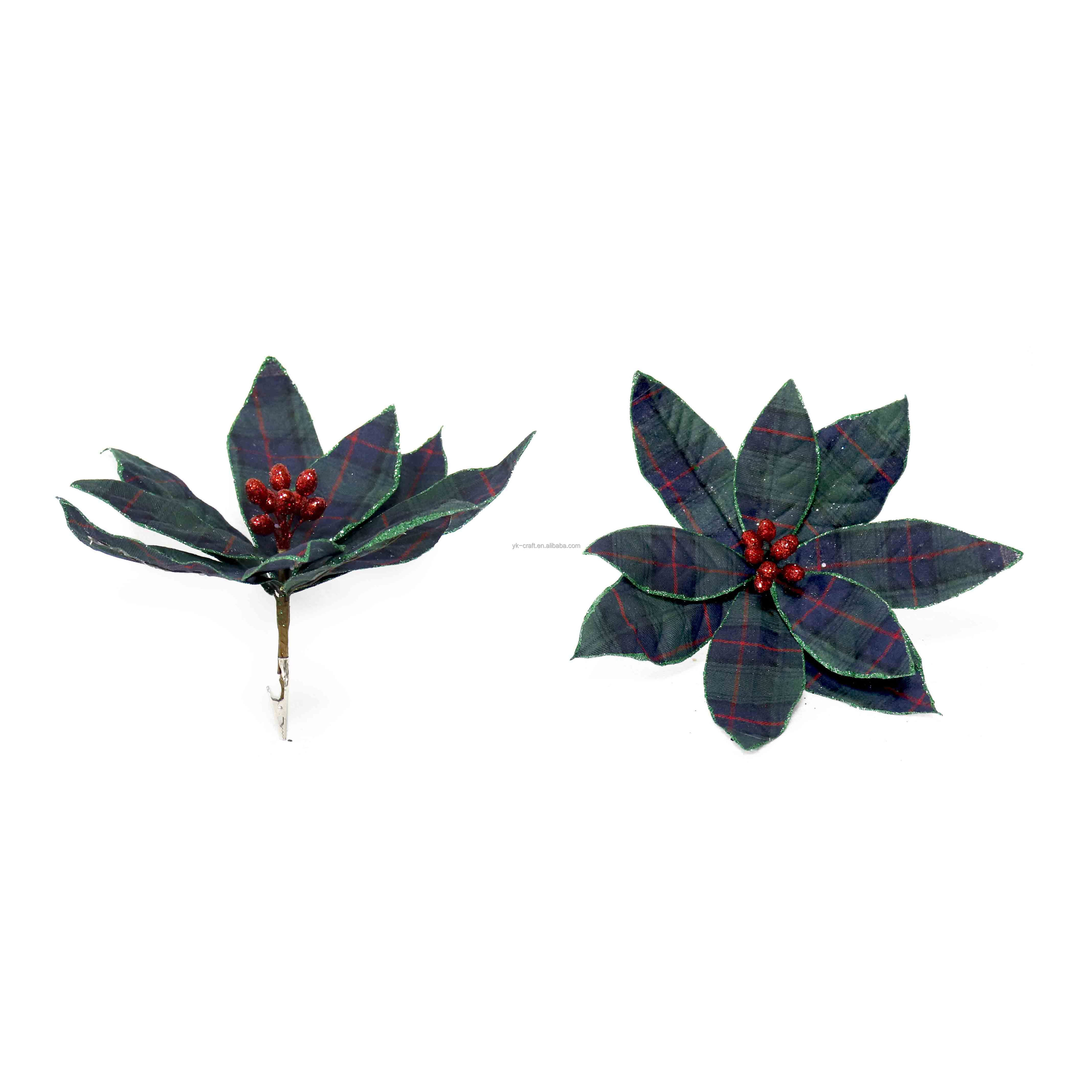 Christmas Tree Ornament Flower Clips Plaids Fabric Flowers Clip Decor Poinsettia Flowers Clip Spray Glitter