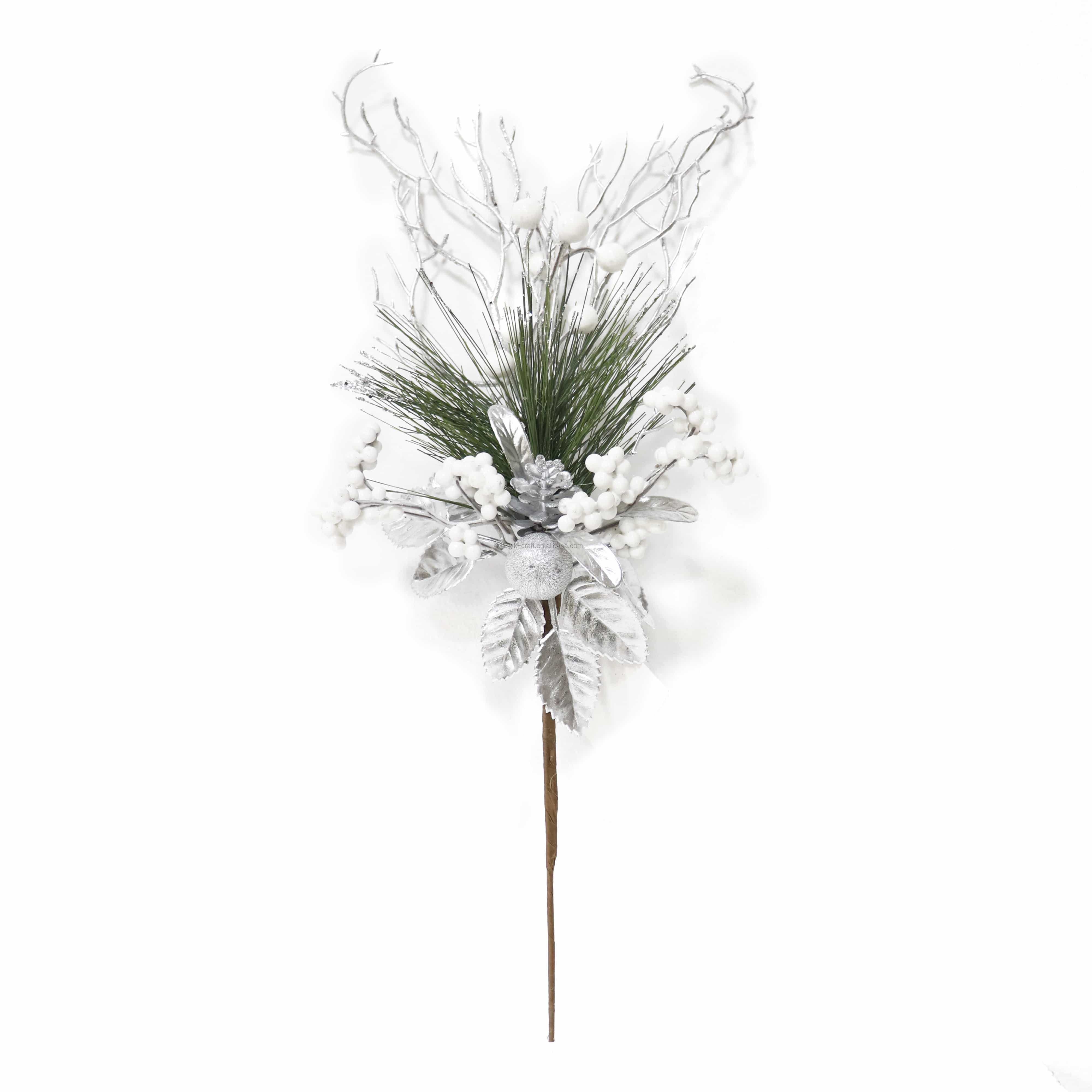 Wholesale Silver Branches Picks White Berry Christmas Spray Pine Needle Pick Spray Glitter