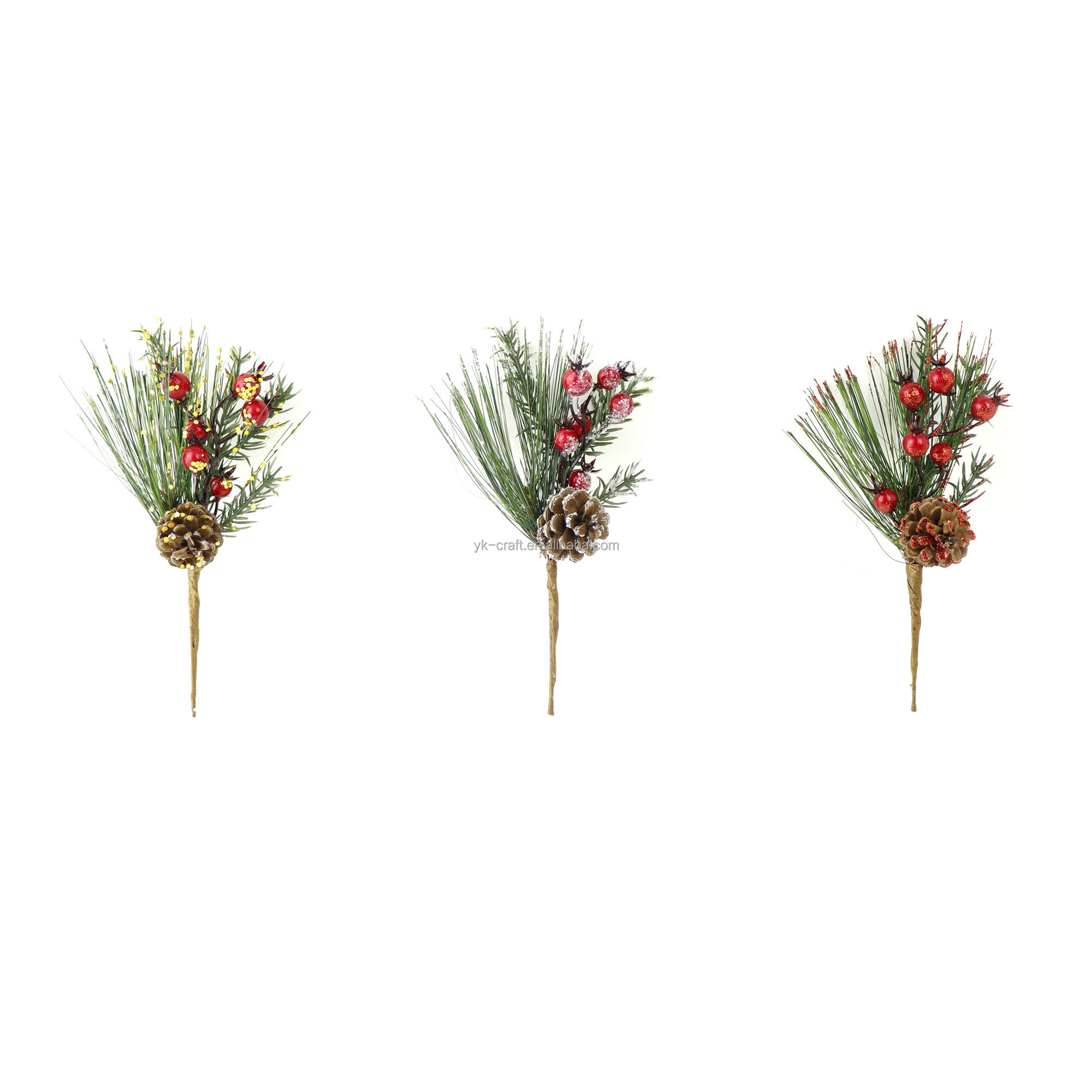 Christmas Natural Pine Cone Branch Red Berry Pine Needle Pick Spray Glitter Artificial Floral Branch Pick Decoration